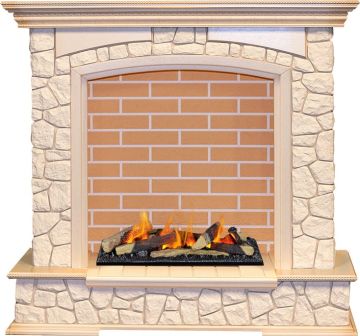 Каминокомплект  Preston - Слоновая кость с патиной / Кирпич с очагом Cassette 600 LNH-INT (с дровами)