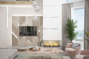 Дизайн гостиной с камином и телевизором Фото 40.