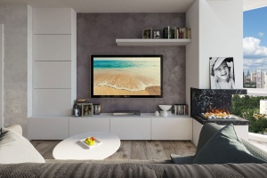 Дизайн гостиной с камином и телевизором Фото 18.
