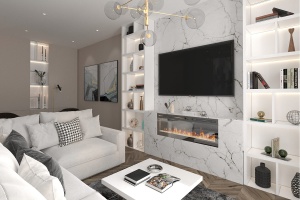 Дизайн гостиной с камином и телевизором Фото 52.