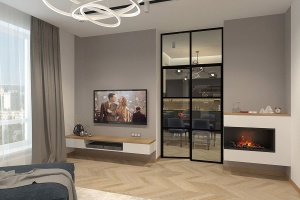 Дизайн гостиной с камином и телевизором Фото 14.